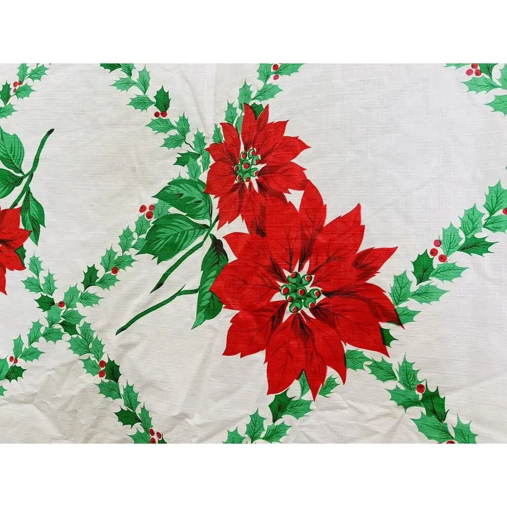 Vintage Vinyl Plastic Tablecloth Poinsettias Flannel Back Christmas Red Green Ea